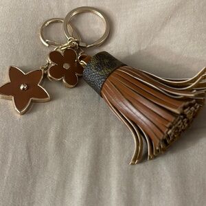 Brown Key and Card Holder with Tassel and Metallic Charms